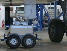 Air-Cobot under the belly of an Airbus A320 in a hangar. AFI 03 2016 Air-Cobot under an Airbus A320.png