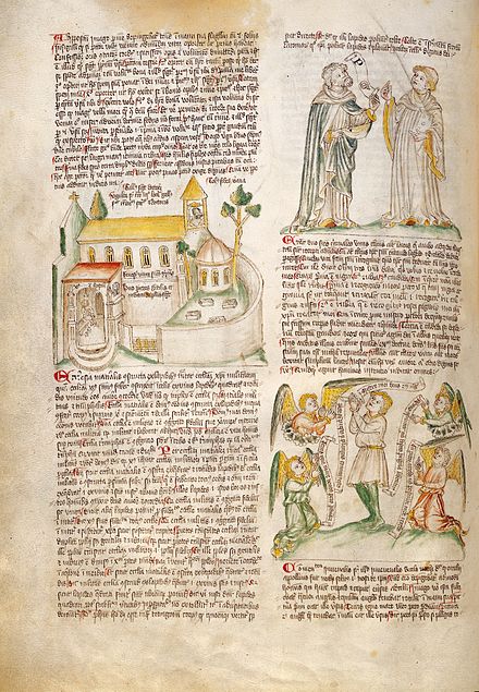 A church, a monk with lay brother & a praying man (from an illustrated medieval manuscript)