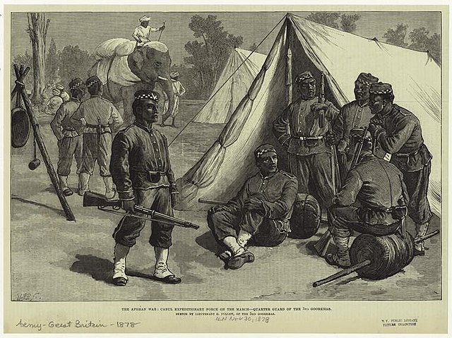 Kabul expeditionary force on the march: Quarter Guard of the 3 Gorkha Rifles. 30 November 1878.