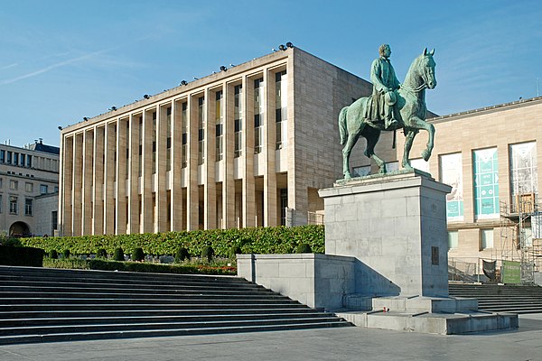 Equestrian Statue of King Albert I (Courtens, 1951) in front of the Royal Library of Belgium in Brussels