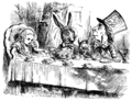 Illustrasjon av John Tenniel til Lewis Carrolls berømte historie om Alice i Eventyrland[9] som ble utgitt første gang i 1865. Tegningen viser hovedpersonen Alice og Haren (The March Hare) i teselskap hos Hattemaker Mathias (The Hatter).