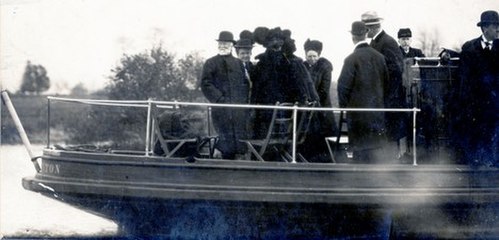 Andrew Carnegie (left) and Princeton University officials at Lake Carnegie's dedication ceremony on December 5, 1906.
