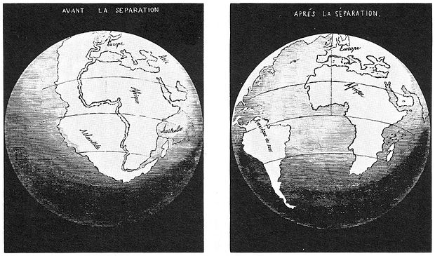 Antonio Snider-Pellegrini's Illustration of the closed and opened Atlantic Ocean (1858)[11]