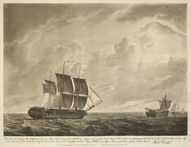 Capture of La Clorinde, by Robert Dodd, 1 March 1817, Dryad second left in the picture