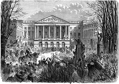 Arrivée de Léopold II devant le Palais de la Nation le jour de son avènement, Bruxelles, le 17 décembre 1865. Frédéric Lix (dessin), Auguste Trichon (gravure). Le Monde chrétien illustré, c. 1865. Gravure sur bois de bout de 17 cm × 24 cm. — Léopold est escorté à cheval par son état-major, par son frère Philippe, comte de Flandre, et par l’archiduc Joseph d’Autriche, frère de la Reine, dans le cortège qui le mène du château de Laeken au Palais de la Nation (Parlement). À midi et demi, Léopold arrive au Palais de la Nation, où aura lieu la prestation du serment constitutionnel. La garde civique et les troupes de la garnison sont sous les armes dans les rues par lesquelles le Roi est passé. Le bataillon des chasseurs-éclaireurs, la batterie d’artillerie de la garde civique de Bruxelles, les blessés et les décorés de septembre 1830 occupent l’entrée du Palais de la Nation.