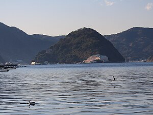 北側の静浦漁港から望む淡島、北端にウィンダムグランド淡島、北東岸にあるあわしまマリンパーク（2016年3月1日撮影）