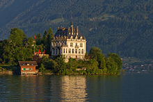 View of the peninsula and former castle (now Rehabilitation Center of Seeburg). B-Iseltwald-Seeburg.jpg