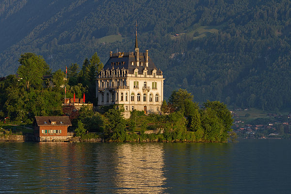 View of the peninsula and former castle (now Rehabilitation Center of Seeburg).