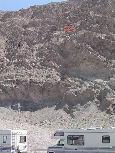 Sea level sign seen on cliff (circled in red) at Badwater Basin, Death Valley National Park