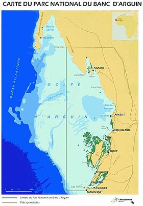 Mapa del Golfo de Arguin que muestra los cardúmenes de Banc d'Arguin (en azul claro) y los límites del parque nacional.