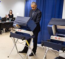 Then-incumbent President Barack Obama participating in early voting for the 2016 elections Barack Obama casts an early vote in the 2016 election (cropped).jpg