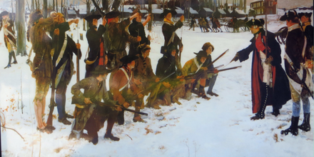 General von Steuben training Continental Army infantry at Valley Forge in December 1777