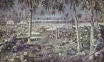 Contemporary painting of the Allied defeat at the Battle of Tanga in 1914