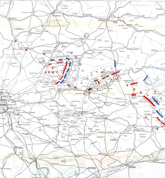 9 September 1914. The BEF (brown) and French 5th army (red) exploit the gap between the German 1st and 2nd armies.