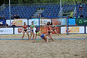 Deutsch: Beachhandball Europameisterschaften 2019 (Beach handball Euro); Tag 2: 3. Juli 2019 – Frauen, Vorrunde Gruppe D, Ukraine-Deutschland 2:0 (23:22, 32:24) English: Beach handball Euro; Day 2: 3 July 2019 – Women Preliminary Round Group D – Ukraine-Germany 2:0 (23:22, 32:24)