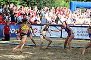 Deutsch: Beachhandball Europameisterschaften 2019 (Beach handball Euro); Tag 4: 5. Juli 2019 – Frauen, Viertelfinale, Spanien-Ungarn 1:2 (14:16, 26:16, 2:5) English: Beach handball Euro; Day 4: 5 July 2019 – Quarter Final Women – Spain-Hungary 1:2 (14:16, 26:16, 2:5)