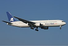 The only BelgiumExel Boeing 767-300ER landing at Amsterdam Schiphol Airport in 2005 BelgiumExel Boeing 767-300ER Verkuringen.jpg