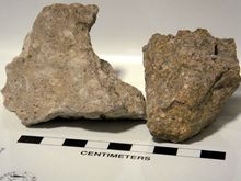 Rocks from the Bishop tuff, uncompressed with pumice on left; compressed with fiamme on right. BishopTuff.jpg