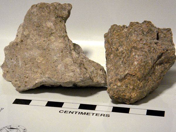 Rocks from the Bishop tuff, uncompressed with pumice on left; compressed with fiamme on right