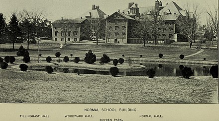 The campus in 1901. Tillinghast, Woodward, and Normal were severely damaged in the 1924 fire.