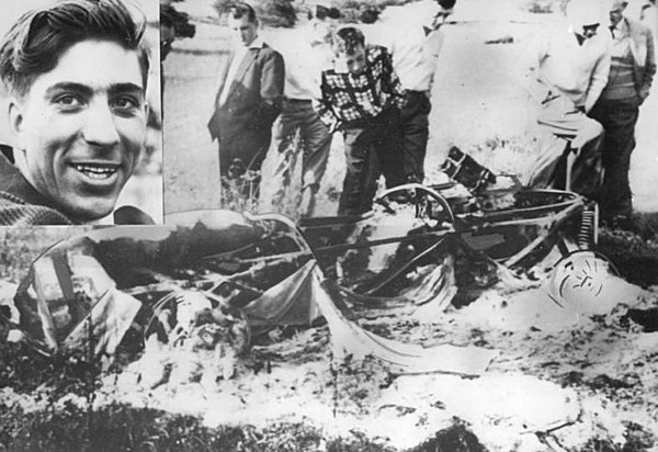 The remains of Alan Stacey's car after his fatal accident in the 1960 Belgian Grand Prix. In the inset, Stacey before the race.