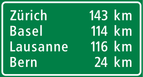 Example of a Swiss road sign CH-Hinweissignal-Entfernungstafel.svg
