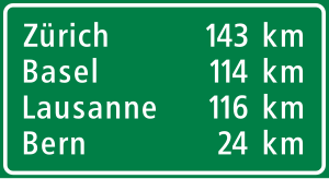 Example of Swiss motor-/expressway sign CH-Hinweissignal-Entfernungstafel.svg