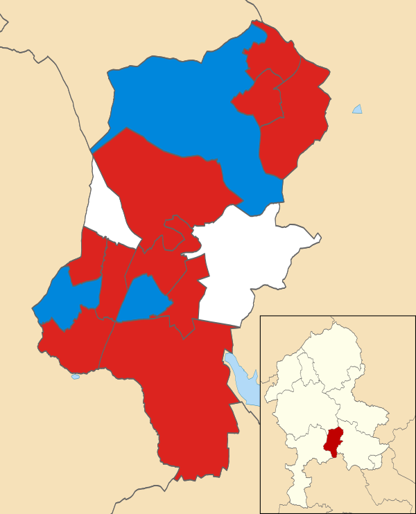 Map of the results of the 2012 Cannock Chase District Council election. Labour in red and the Conservatives in blue. White areas indicate wards where no seat was up for election.