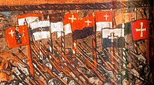 Ten cantonal war flags carried in the Battle of Nancy (1477) in the depiction of the Luzerner Chronik of 1513. All flags of the Eight Cantons are shown, but the flags of Bern and Uri omit the heraldic animal, showing only the cantonal colours. In addition, the flags of Fribourg and Solothurn appear - at the time not yet full members, these areas would join the confederacy in the aftermath of this battle. Each flag has the confederate cross attached. Cantonal flags Nancy 1477 1513.jpg