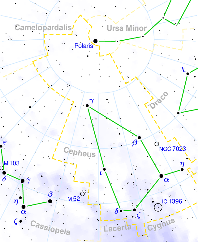 Die ligging van Gamma Cephei (in die rooi sirkel).