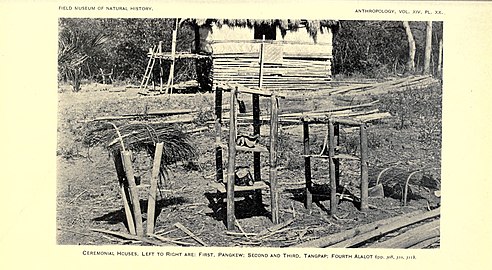 Ceremonial spirit houses among the Itneg (left to right) the pangkew, two tangpap, and an alalot (1922, Philippines)