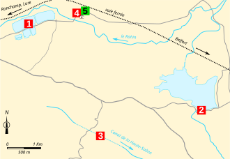 Localisation des lieux touristiques et culturel :
(1) : ballastières ;
(2) : digue du bassin de Champagney ;
(3) : tunnel du Chérimont ;
(4) : église Saint-Laurent ;
(5) : la Maison de la Négritude.