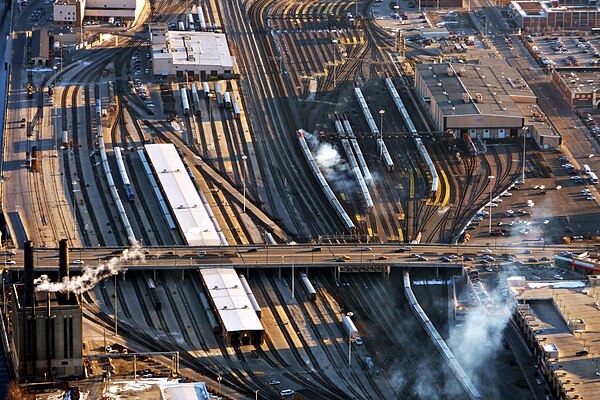 A large Amtrak and Metra coach yard just south of Chicago Union Station. About 25 percent of all rail traffic in the United States travels through the