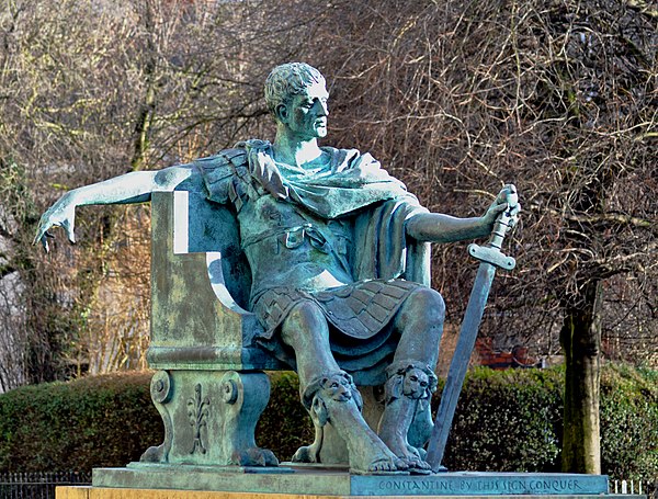 Modern statue of Constantine I at York, where he was proclaimed Augustus in 306