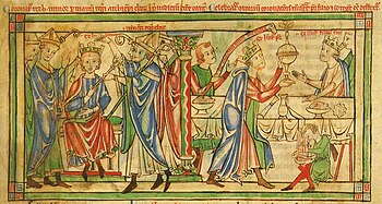 The Coronation of Henry the Young King in 1170; he died young and did not become King of England Coronation of Henry the Young King - Becket Leaves (c.1220-1240), f. 3r - BL Loan MS 88.jpg