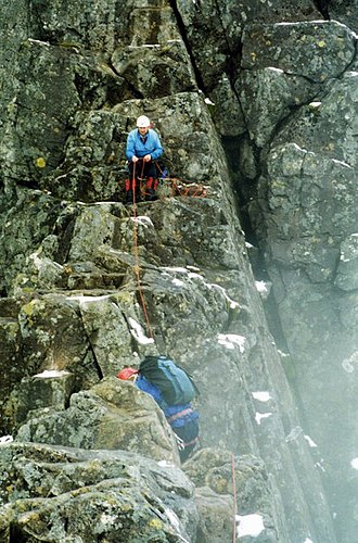 Crossing Tower Gap above Glover's Chimney: this horizontal problem is difficult to protect. Crossing Tower Gap,Tower Ridge on Ben Nevis - geograph.org.uk - 777181.jpg