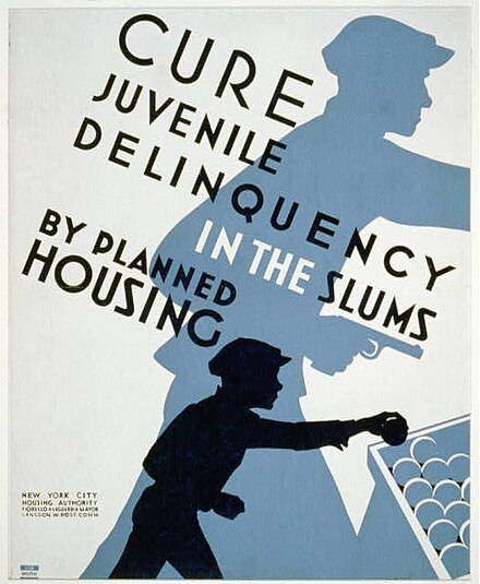 1936 poster promoting planned housing as a method to deter juvenile delinquency, showing silhouettes of a child stealing a piece of fruit and the older child involved in armed robbery.