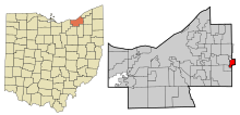 Cuyahoga County Ohio, birleşik ve tüzel kişiliğe sahip olmayan alanlar Chagrin Şelaleleri vurgulanmıştır.svg