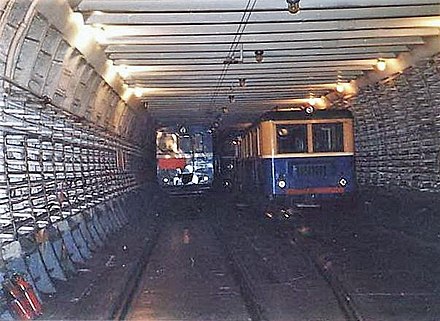 Diesel trains in a tunnel of Metro-2 D6 line in Moscow, Russia