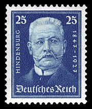 A Hindenburg stamp released in 1927 on the occasion of his 80th birthday DR 1927 405 Paul von Hindenburg Nothilfe.jpg