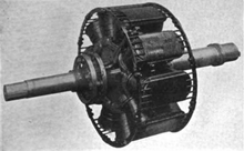 Bars and rings of the damper (amortisseur) winding of an AC generator (General Electric, early 20th century). Note the gaps in the cage along the quadrature axes. Damper winding.png