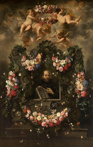 Fájl:Daniël Seghers and Cornelis Schut (I) - Saint Ignatius in a cartouche with flowers and cherubs.jpg
