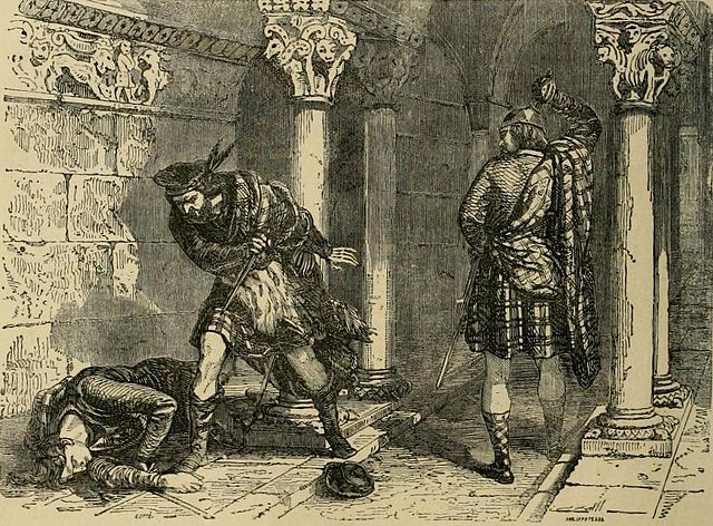 The killing of John Comyn in the Greyfriars church in Dumfries, interpreted by Felix Philippoteaux, a 19th-century illustrator.