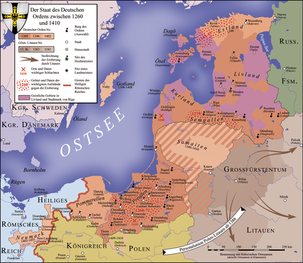 Der Deutschordensstaat und seine Grenzen zum Großfürstentum Litauen (braun) 1260–1410; Das im Vertrag von Salinwerder übereignete Schamaiten (Niederlitauen) wird blassrot schraffiert dargestellt