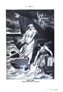 Kudrun washes clothes at the seashore. From Die Gartenlaube (1899) Die Gartenlaube (1899) 0161.jpg