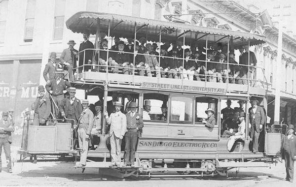 SDERy double-decker Car No. 1 pauses at the intersection of 5th Street & Market Street in San Diego during its inaugural run on September 21, 1892.