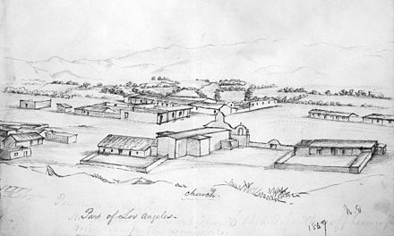 Drawing by William Rich Hutton depicting a section of Los Angeles, ca.1847–49