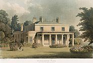 Wimbledon Park House. The last Wimbledon manor house. Built for the 2nd Earl Spencer 1799-1802 by architect Henry Holland. Demolished c.1949. Lithograph by Ackermann 1825 Earl Spencer's Wimbledon Park House.jpg