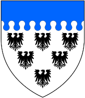 Arms of Egginton of Kingston-Upon-Hull and of Charborough House: Argent, six eaglets 3,2 & 1 sable a chief nebulee azure As seen impaling Earle and Drax quarterly in the Turberville Window in Bere Regis Church, Dorset, heraldically describing the descent of Charborough and Bere Regis EggintonArms.svg