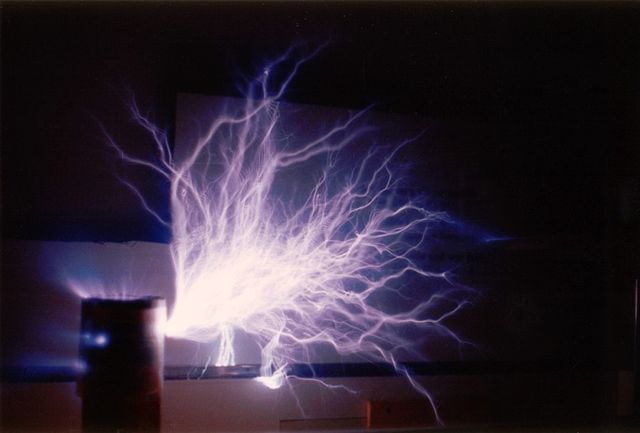 A large brush discharge from the top of a Tesla coil.